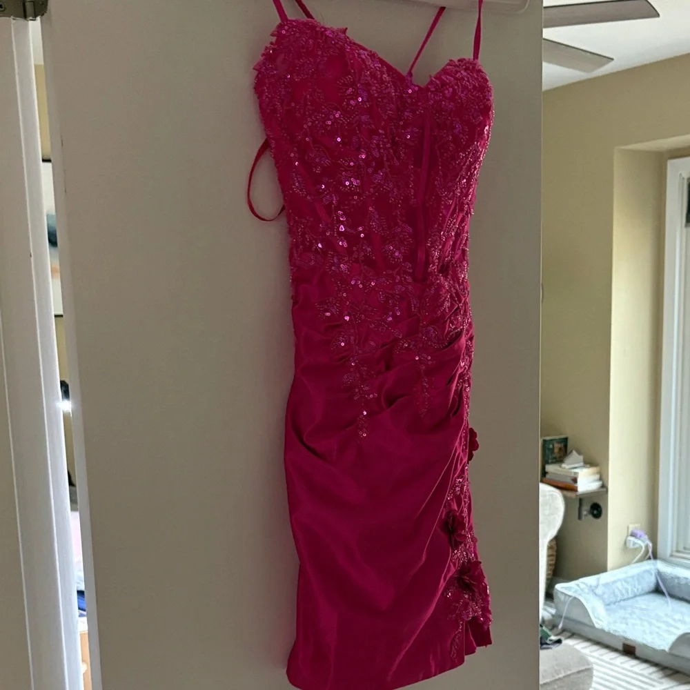 Hot Pink Ruched Cocktail Dress - Picture 2 of 6